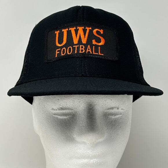Vintage UWS Football Trucker Hat Cap Black 80s University of Wisconsin Superior - Picture 2 of 9